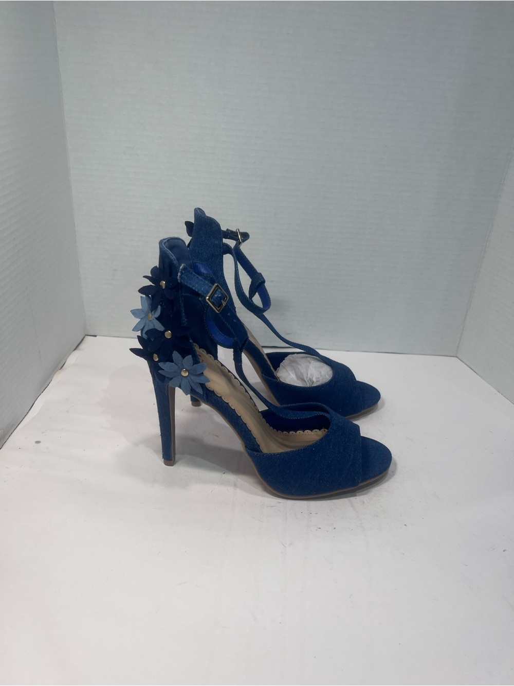 Blue Denim Floral Ankle-Strap High Heel Sandals